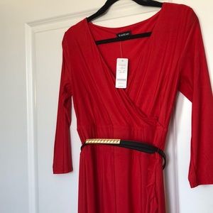 Red belted Bebe midi dress